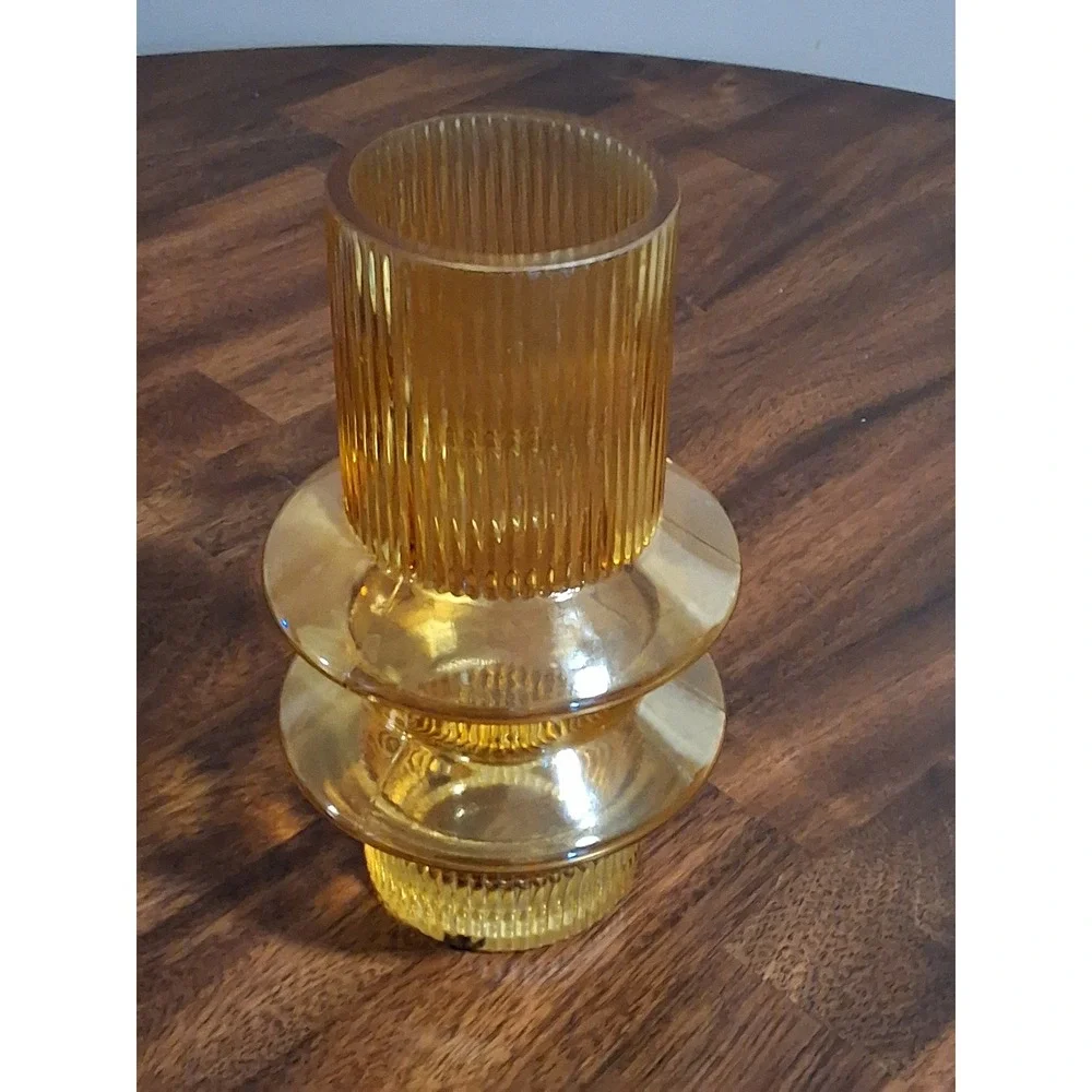 Amber Ribbed Glass Vase Mid Century Modern UFO Geometric Fluted Bud Vase 8 Inch